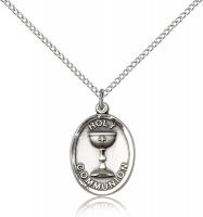 Sterling Silver Holy Communion Pendant, Sterling Silver Lite Curb Chain, 3/4" x 1/2"