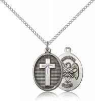Sterling Silver Cross / National Guard Pendant, Sterling Silver Lite Curb Chain, 3/4" x 1/2"