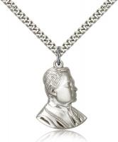 Sterling Silver Saint Pius X Pendant, Stainless Silver Heavy Curb Chain, 1" x 3/4"
