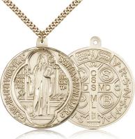 Gold Filled St. Benedict Pendant, Stainless Gold Heavy Curb Chain, 1 5/8" x 1 1/2"