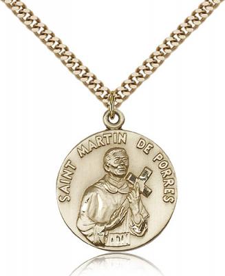 Gold Filled St. Martin de Porres Pendant, Stainless Gold Heavy Curb Chain, 1" x 7/8"