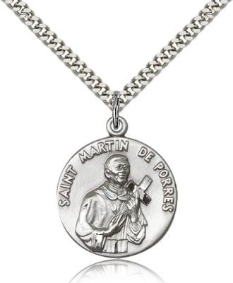 Sterling Silver St. Martin de Porres Pendant, Stainless Silver Heavy Curb Chain, 1" x 7/8"