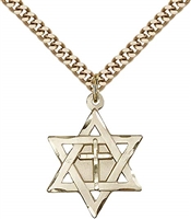 Gold Filled Star of David W/ Cross Pendant, Stainless Gold Heavy Curb Chain, 7/8" x 5/8"