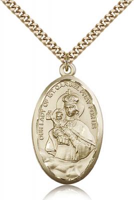 Gold Filled Our Lady of Mount Carmel Pendant, Stainless Gold Heavy Curb Chain, 1 3/8" x 3/4"