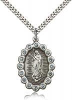 Sterling Silver Our Lady of Guadalupe Pendant, Stainless Silver Heavy Curb Chain, 1 1/4" x 7/8"