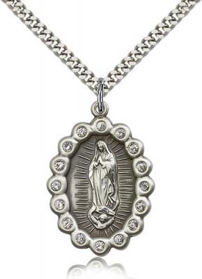 Sterling Silver Our Lady of Guadalupe Pendant, Stainless Silver Heavy Curb Chain, 1 1/4" x 7/8"
