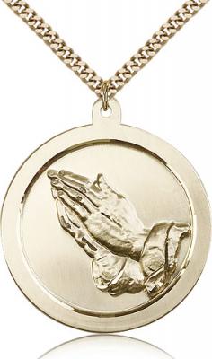 Gold Filled Praying Hand Pendant, Stainless Gold Heavy Curb Chain, 1 5/8" x 1 3/8"
