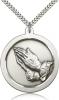 Sterling Silver Praying Hand Pendant, Stainless Silver Heavy Curb Chain, 1 5/8" x 1 3/8"