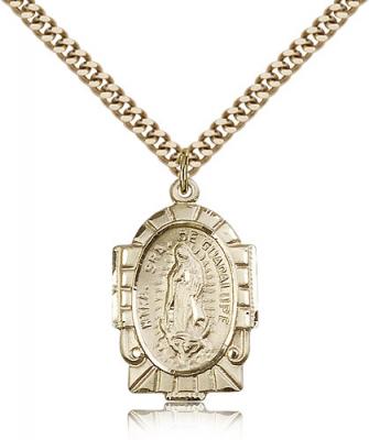 Gold Filled Our Lady of Guadalupe Pendant, Stainless Gold Heavy Curb Chain, 1" x 5/8"