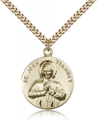 Gold Filled St. John Vianney Pendant, Stainless Gold Heavy Curb Chain, 1" x 7/8"
