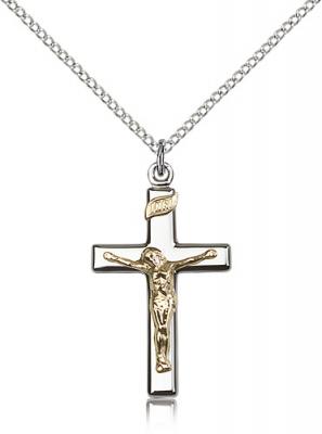 Two-Tone GF/SS Crucifix Pendant, Sterling Silver Lite Curb Chain, 1 1/8" x 5/8"