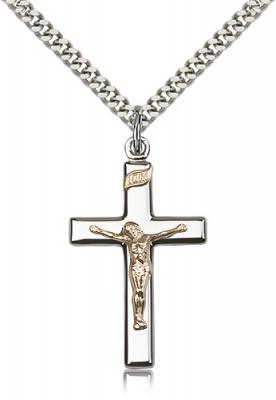 Two-Tone GF/SS Crucifix Pendant, Stainless Silver Heavy Curb Chain, 1 1/4" x 3/4"
