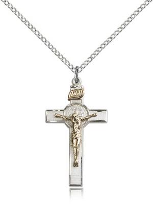 Two-Tone GF/SS St. Benedict Crucifix Pendant, Sterling Silver Lite Curb Chain, 1 1/8" x 5/8"