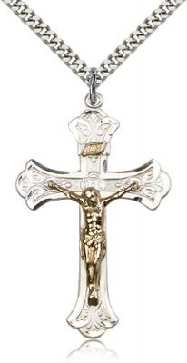 Two-Tone GF/SS Crucifix Pendant, Stainless Silver Heavy Curb Chain, 1 3/4" x 1 1/8"