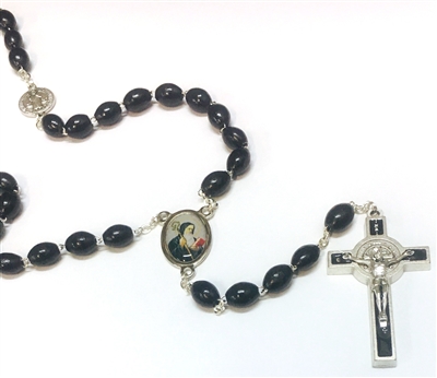 Oval Black Wood Bead Saint Benedict Colored Center-Piece Rosary 26-4401-01