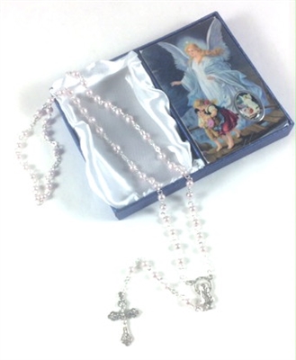 Guardian Angel Pink Rosary with Holy Card Baptism Girl Set