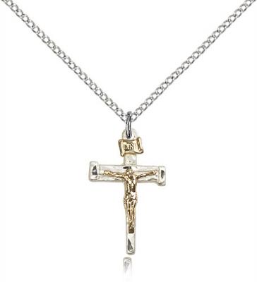 Two-Tone GF/SS Nail Crucifix Pendant, Sterling Silver Lite Curb Chain, 7/8" x 1/2"