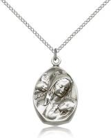 Sterling Silver Madonna & Child Pendant, Sterling Silver Lite Curb Chain, 1" x 5/8"