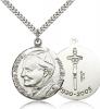 Sterling Silver Pope John Paul II Pendant, Stainless Silver Heavy Curb Chain, 1 1/4" x 1 1/8"