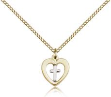 Two-Tone SS/GF Heart / Cross Pendant, Gold Filled Lite Curb Chain, 1/2" x 3/8"