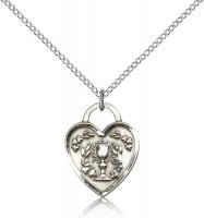 Sterling Silver Communion Heart Pendant, Sterling Silver Lite Curb Chain, 3/4" x 5/8"