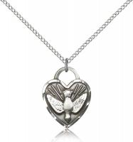Sterling Silver Confirmation Heart Pendant, Sterling Silver Lite Curb Chain, 3/4" x 5/8"