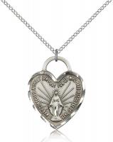 Sterling Silver Miraculous Heart Pendant, Sterling Silver Lite Curb Chain, 1" x 3/4"