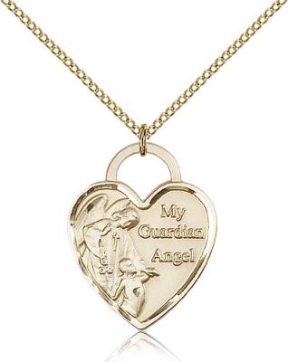 Gold Filled Guardian Angel Heart Pendant, Gold Filled Lite Curb Chain, 1" x 3/4"