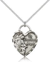Sterling Silver Guardian Angel Heart Pendant, Sterling Silver Lite Curb Chain, 1" x 3/4"