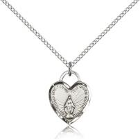 Sterling Silver Miraculous Heart Pendant, Sterling Silver Lite Curb Chain, 5/8" x 1/2"