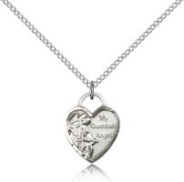 Sterling Silver Guardian Angel Heart Pendant, Sterling Silver Lite Curb Chain, 5/8" x 1/2"