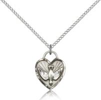Sterling Silver Confirmation Heart Pendant, Sterling Silver Lite Curb Chain, 5/8" x 1/2"
