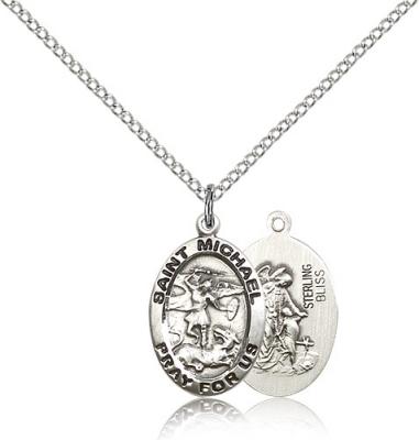 Sterling Silver St. Michael the Archangel Pendant, Stainless Silver Lite Curb Chain, 3/4" x 1/2"