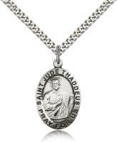 Sterling Silver St. Jude Pendant, Stainless Silver Heavy Curb Chain, 1" x 5/8"