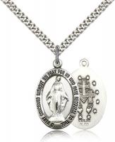 Sterling Silver Miraculous Pendant, Stainless Silver Heavy Curb Chain, 1" x 5/8"