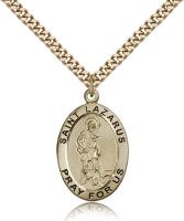 Gold Filled St. Lazarus Pendant, Stainless Gold Heavy Curb Chain, 1" x 5/8"