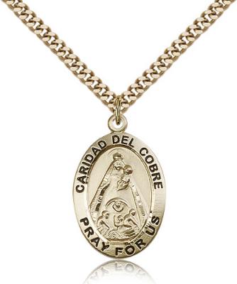 Gold Filled Caridad Del Cobre Pendant, Stainless Gold Heavy Curb Chain, 1" x 5/8"