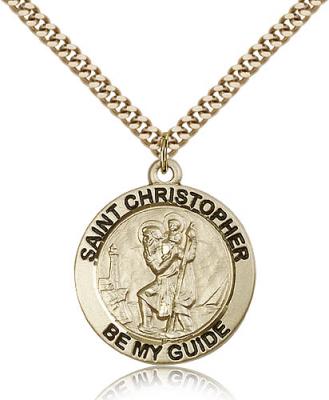 Gold Filled St. Christopher Pendant, Stainless Gold Heavy Curb Chain, 1" x 7/8"