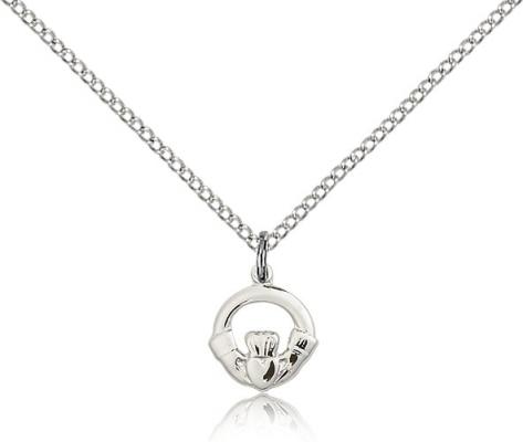 Sterling Silver Claddagh Pendant, Sterling Silver Lite Curb Chain, 3/8" x 3/8"
