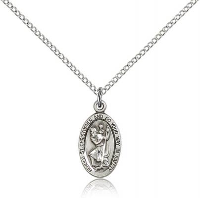 Sterling Silver St. Christopher Pendant, Sterling Silver Lite Curb Chain, 5/8" x 3/8"