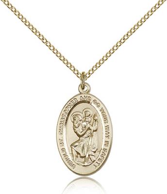 Gold Filled St. Christopher Pendant, Gold Filled Lite Curb Chain, 7/8" x 1/2"