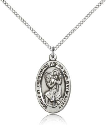 Sterling Silver St. Christopher Pendant, Sterling Silver Lite Curb Chain, 7/8" x 1/2"