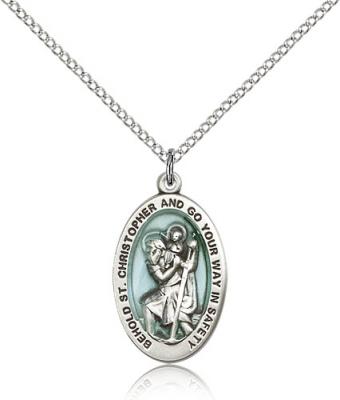 Sterling Silver St. Christopher Pendant, Sterling Silver Lite Curb Chain, 7/8" x 1/2"