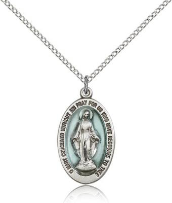 Sterling Silver Miraculous Pendant, Sterling Silver Lite Curb Chain, 7/8" x 1/2"
