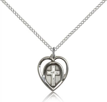 Sterling Silver Heart / Cross Pendant, Sterling Silver Lite Curb Chain, 5/8" x 1/2"