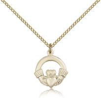 Gold Filled Claddagh Pendant, Gold Filled Lite Curb Chain, 5/8" x 1/2"