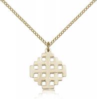 Gold Filled Jerusalem Cross Pendant, Gold Filled Lite Curb Chain, 3/4" x 5/8"