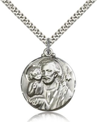 Sterling Silver St. Joseph Pendant, Stainless Silver Heavy Curb Chain, 1 1/8" x 7/8"