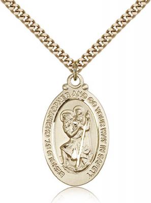 Gold Filled St. Christopher Pendant, Stainless Gold Heavy Curb Chain, 1 1/8" x 5/8"