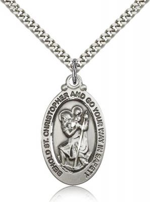 Sterling Silver St. Christopher Pendant, Stainless Silver Heavy Curb Chain, 1 1/8" x 5/8"